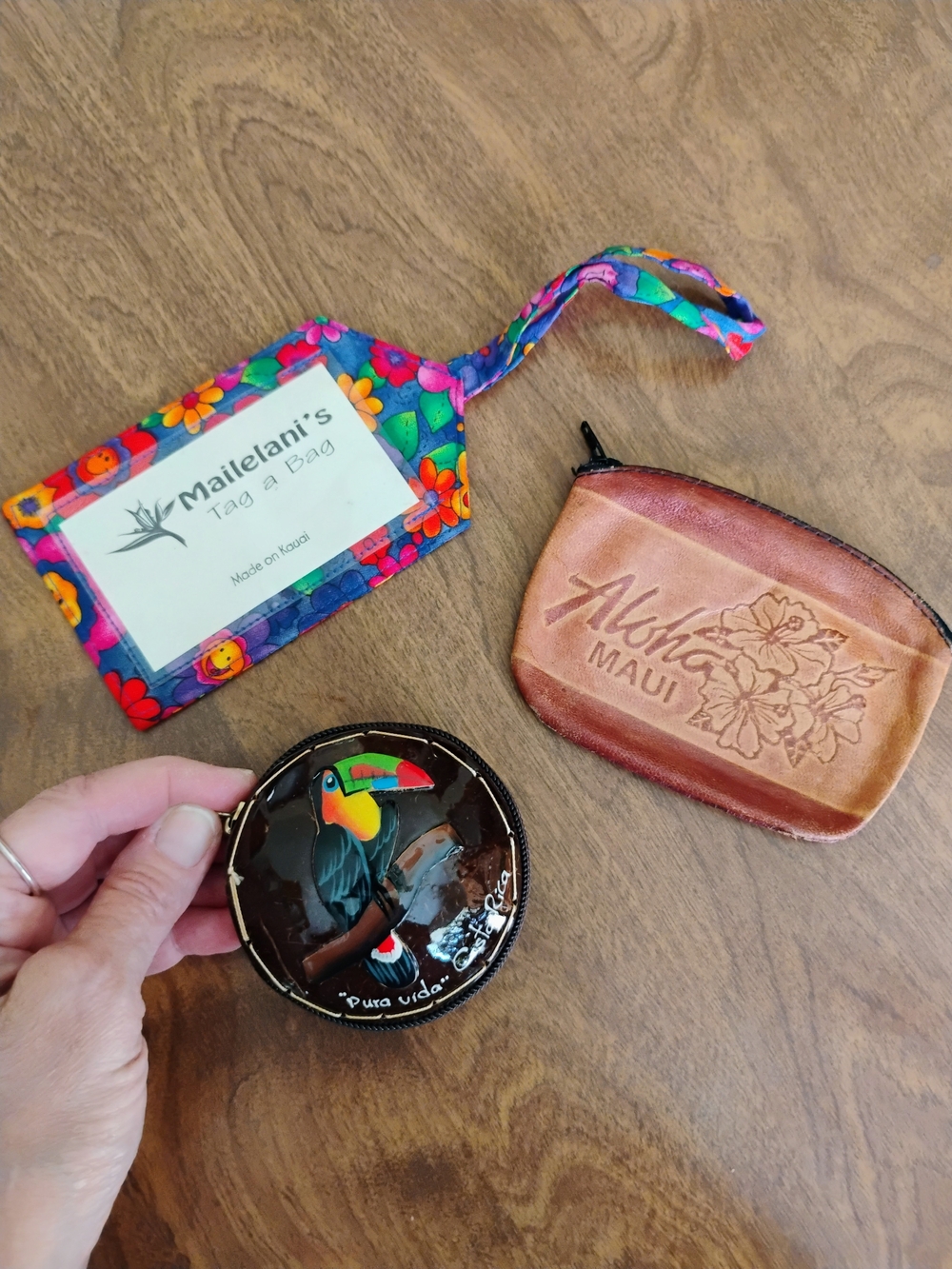 Trio Of Traveling Items: Luggage Tag, Aloha Maui Coin Purse, Toucan Coconut...